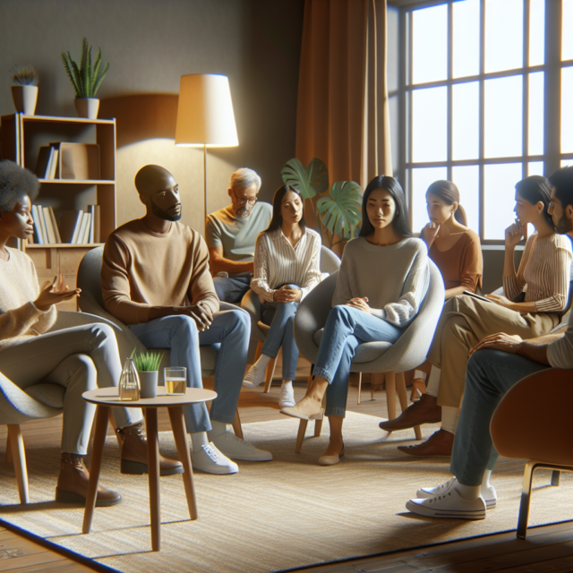 Anxiety support group sharing experiences Anxiety support group members sharing their experiences in a circle.