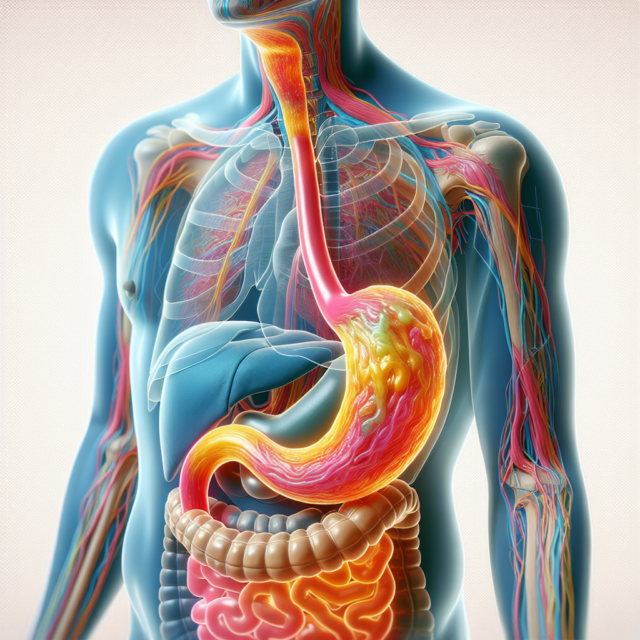 Illustration of acid reflux process in the digestive system Illustration showing how acid reflux occurs in the digestive system, with stomach acid flowing into the esophagus.