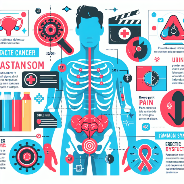 Image illustrating symptoms of prostate cancer, focusing on urinary and physical signs.