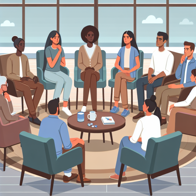 Members of a depression support group sharing experiences People participating in a depression support group, sharing experiences and providing emotional support.