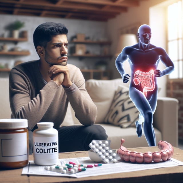Living with Ulcerative Colitis Person managing ulcerative colitis through a healthy lifestyle, including balanced diet and regular exercise.