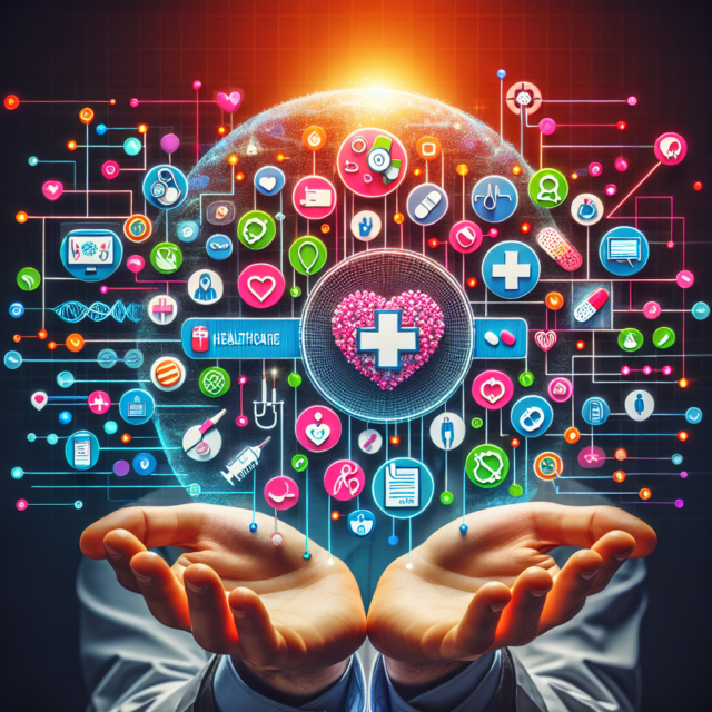 A conceptual image showing digital tools, patient engagement, and analytics driving healthcare marketing strategies.