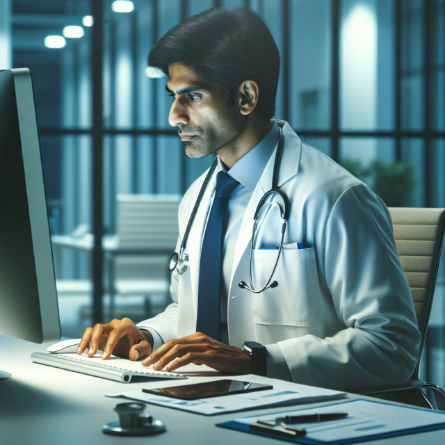 Doctor reviewing resources on a diabetes website to enhance patient care and professional knowledge.