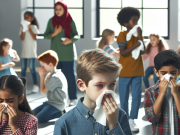 Information About Allergies in Kids Child with allergic reaction sneezing outdoors.