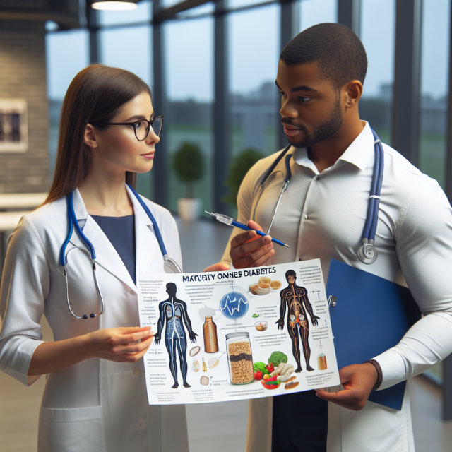 A clinician explaining MODY diagnosis and management strategies to a patient in a medical office.