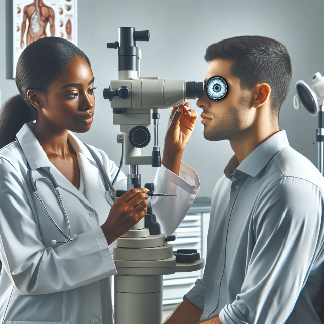 Doctor analyzing eye images for diabetic retinopathy diagnosis.