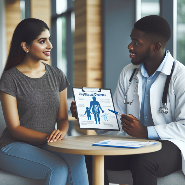 A healthcare provider reviewing gestational diabetes risk factors and blood sugar management with a pregnant woman in a clinic setting.