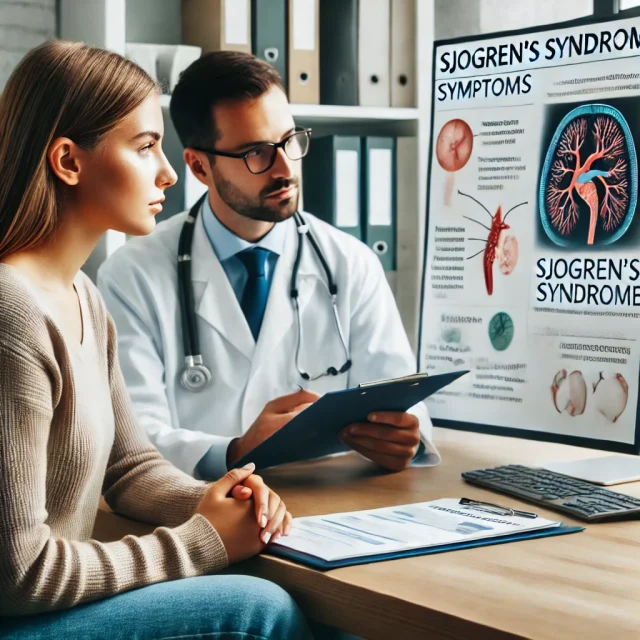A doctor explaining Sjogren’s syndrome symptoms to a patient using a medical diagram.