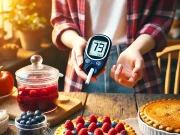 Diabetes Patient Education: Using Pi Day to Teach Healthy Eating Habits A person with diabetes checking blood sugar before eating a low-carb berry pie on Pi Day.