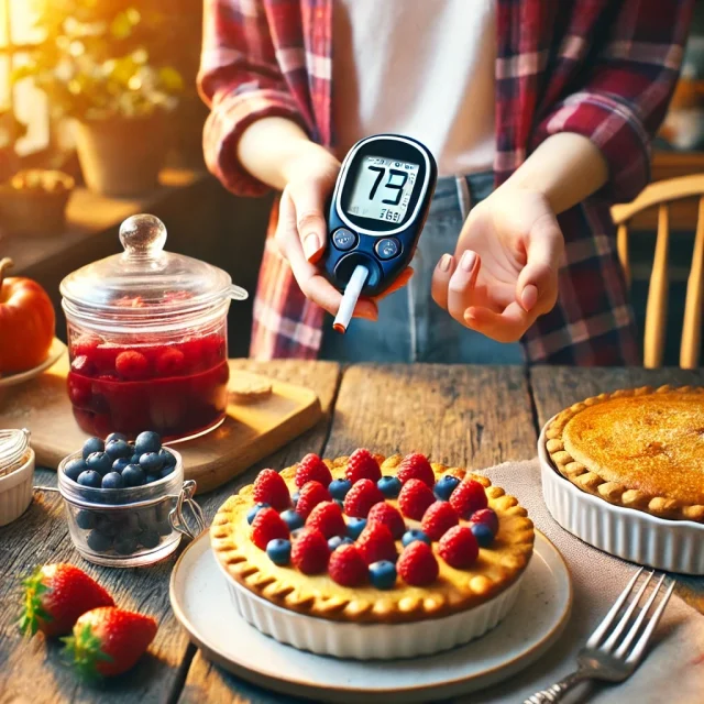 A person with diabetes checking blood sugar before eating a low-carb berry pie on Pi Day.