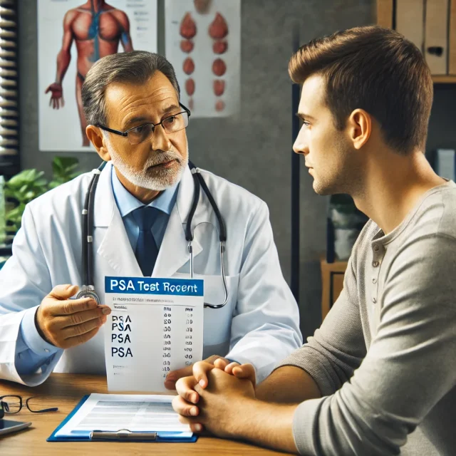 Prostate Cancer Screening Consultation Doctor discussing PSA test results with a patient during a prostate cancer screening consultation.