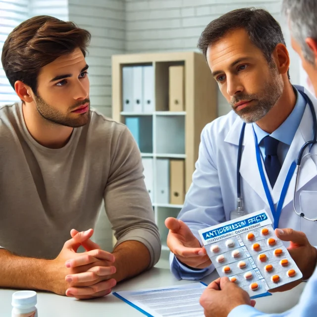 Doctor Discussing Antidepressant Side Effects Doctor discussing antidepressant medication side effects with a patient using a medical chart. Let me know if you need any modifications or additional images!