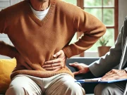 Are these Symptoms of Chronic Pain? A person with chronic pain sitting on a couch, receiving support from a caregiver.