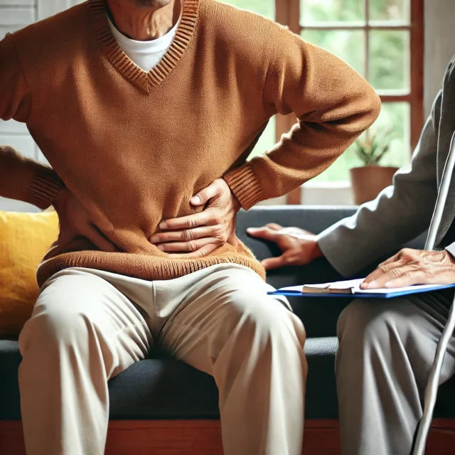 A person with chronic pain sitting on a couch, receiving support from a caregiver.