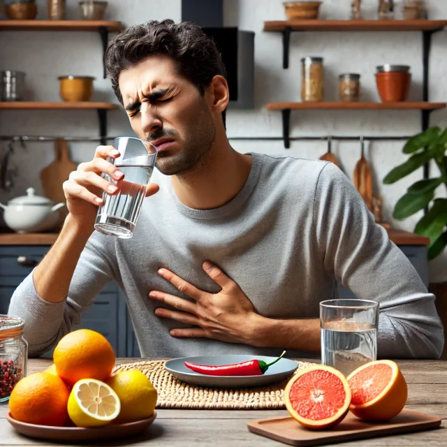 Acid Reflux and Dietary Awareness A person experiencing acid reflux discomfort while drinking water, with trigger foods in front of them.