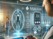 The Latest in Health Tech and Diabetes Doctor reviewing smart CGM data with AI-driven insulin trends in a futuristic medical setting.