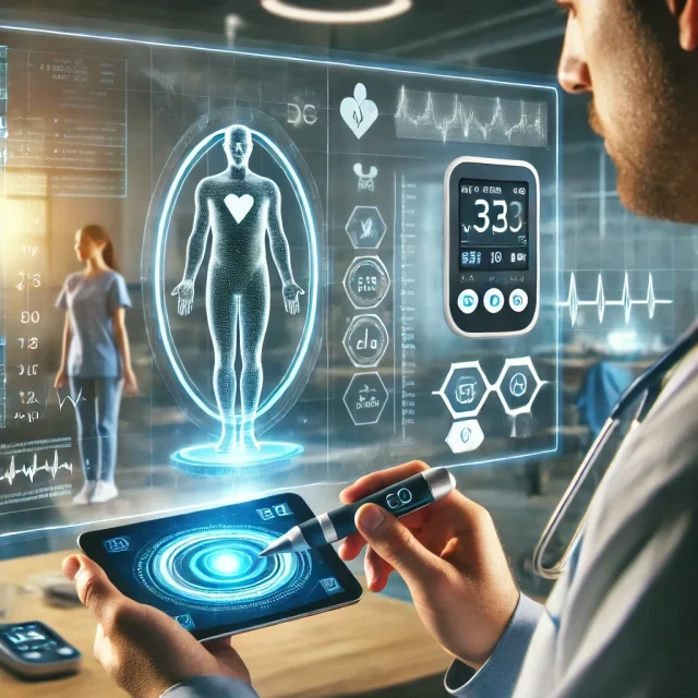 Futuristic Health Tech in Diabetes Management Doctor reviewing smart CGM data with AI-driven insulin trends in a futuristic medical setting.