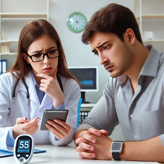 Doctor Consulting a Diabetes Patient About Fasting Risks Concerned doctor discussing fasting risks with a diabetes patient in a medical office.