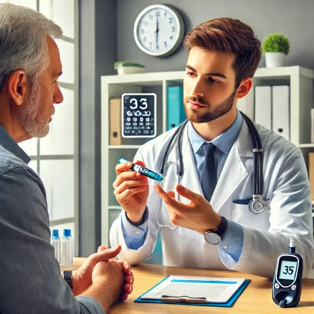 Doctor Explaining Liraglutide Injection to a Diabetes Patient Doctor explaining Liraglutide injection to a diabetes patient in a medical office.
