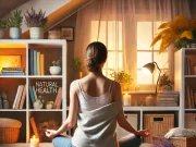 What are some Natural Remedies for Fibromyalgia? A person practicing yoga and meditation in a peaceful home setting with herbal remedies and essential oils for fibromyalgia relief.