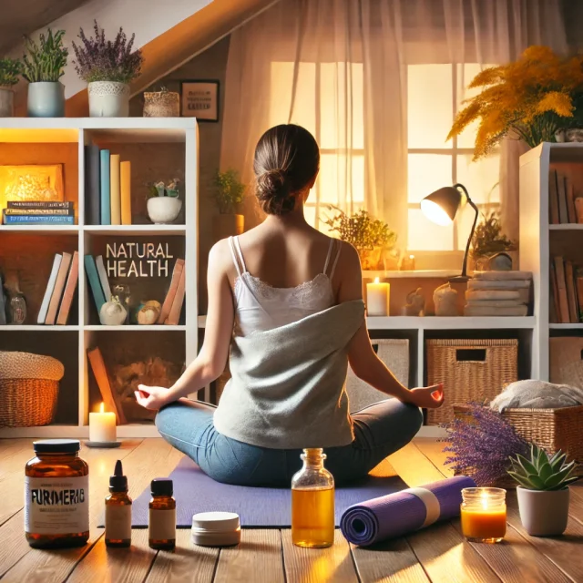 Holistic Healing for Fibromyalgia Management A person practicing yoga and meditation in a peaceful home setting with herbal remedies and essential oils for fibromyalgia relief.