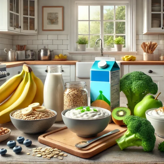 Healthy Foods for Acid Reflux Management A comforting kitchen scene showcasing healthy foods beneficial for an acid reflux diet.