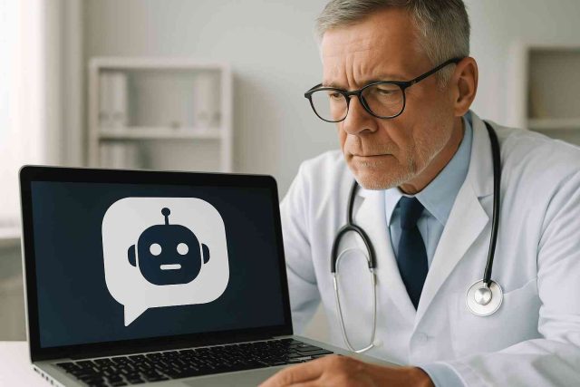 The Dangers of Medical Advice from AI | Diabetes Care Doctor reviewing AI-generated medical advice on a tablet File Name: clinician-evaluating-ai-advice.jpg