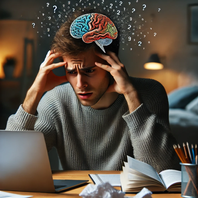 A person with fibromyalgia struggling with brain fog, appearing frustrated while working at a desk.