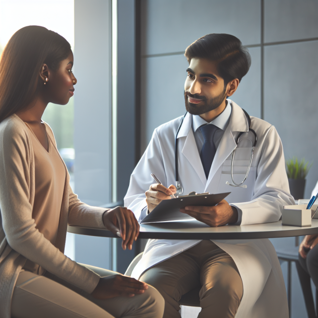A doctor discussing health and wellness strategies with a patient using a digital screen in a medical office.