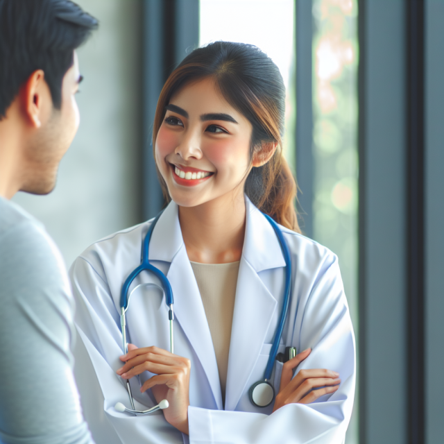 Female Doctor Discussing Fibromyalgia Diagnosis with Patient Female doctor explaining fibromyalgia diagnosis process to male patient in medical office.