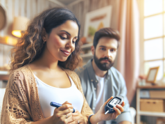 Managing Blood Sugar in Pregnancy: What Clinicians Need to Know Monitoring blood sugar levels with a pregnant patient at home.