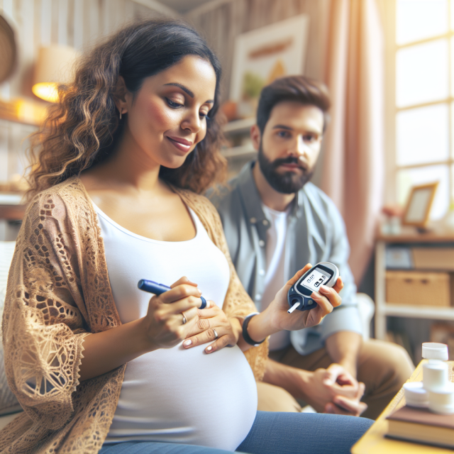 Monitoring blood sugar levels with a pregnant patient at home.
