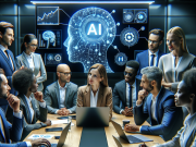 How to integrate AI in Pharma Marketing Pharma marketing professionals discussing AI-powered marketing strategies with data analytics displayed on screens.