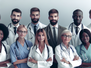 Cost-Per-Click to Target HCPs A group of healthcare professionals targeted by CPC advertising performance on a digital dashboard.