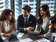 Paid Social Media Campaigns for Pharma: Maximizing Engagement & Compliance Pharma marketers discussing paid social media campaign metrics on a digital dashboard.