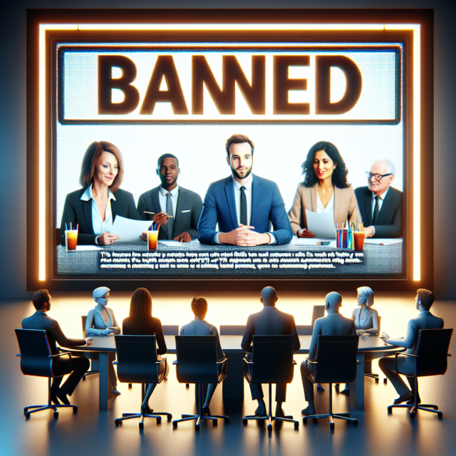 Pharma Marketing Executives Discussing Digital Strategies Pharmaceutical marketing executives strategizing new advertising approaches after a TV ad ban.