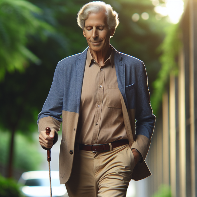 Senior man with gray hair walking for fibromyalgia exercise.