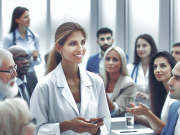 How to stay updated on Marketing Pharma News Clinical woman attending a pharma marketing conference, focused on healthcare trends.