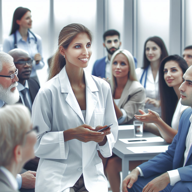 Clinical Pharma Marketer at Industry Event Clinical woman attending a pharma marketing conference, focused on healthcare trends.