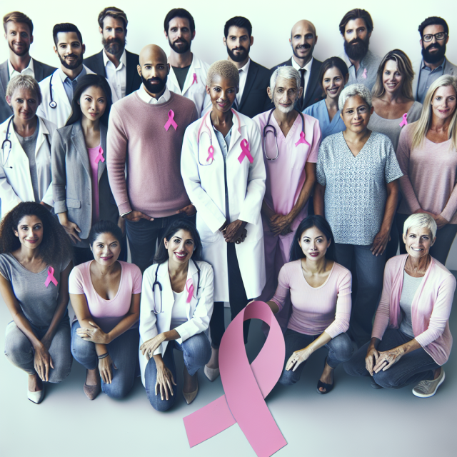 A supportive group wearing pink ribbons, promoting breast cancer awareness and solidarity.