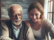 Diabetes and Alzheimer’s Disease Stages Elderly man with Alzheimer’s and diabetes looking at photo album with his daughter