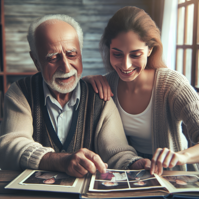 Elderly Patient with Alzheimer’s and Diabetes with a family member. Elderly man with Alzheimer’s and diabetes looking at photo album with his daughter