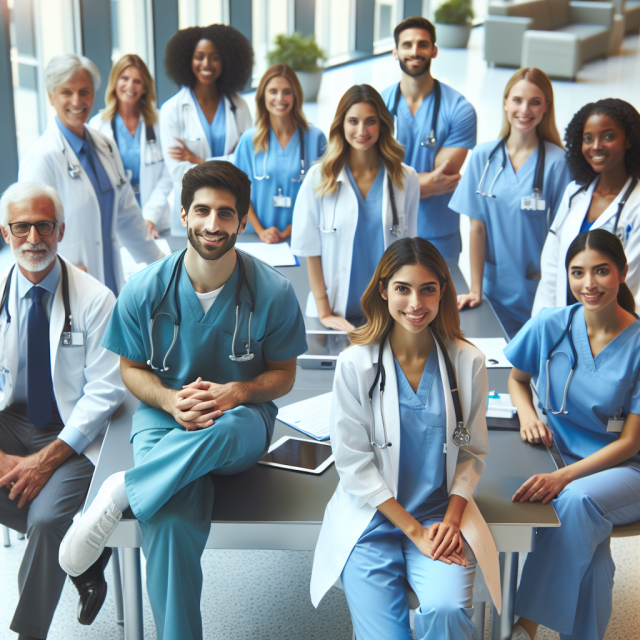 Healthcare Professionals Collaborating in a Clinical Setting Healthcare professionals discussing patient care in a clinical setting.