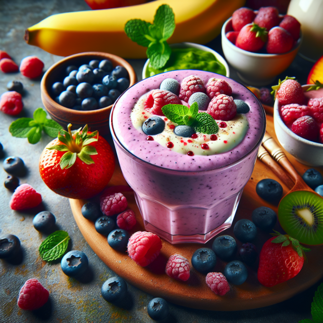 Glass of berry smoothie on a table with fresh ingredients for weight loss