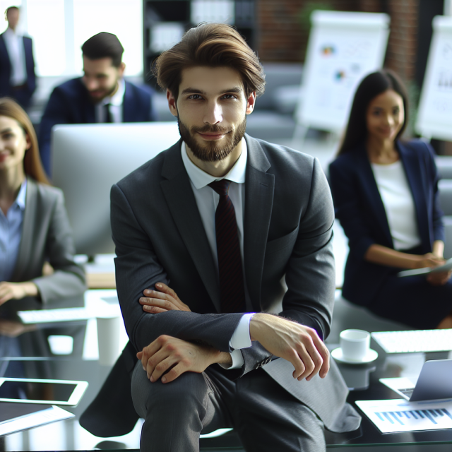 Male Pharma Marketing Executive Planning Strategy Male pharma marketing executive analyzing digital healthcare data in a modern office.