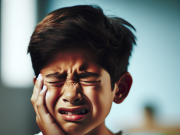 Are my kids Migraine Headaches Normal? A child suffering from a migraine headache, holding their head in discomfort.