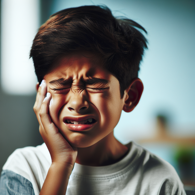 A child suffering from a migraine headache, holding their head in discomfort.