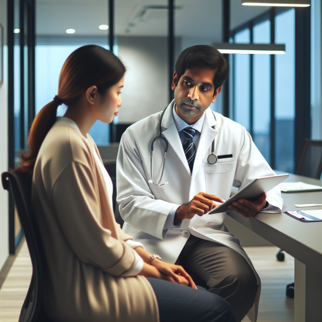 Doctor Discussing Ulcerative Colitis Medication with Patient Male doctor discussing ulcerative colitis medication with a female patient in a medical consultation.