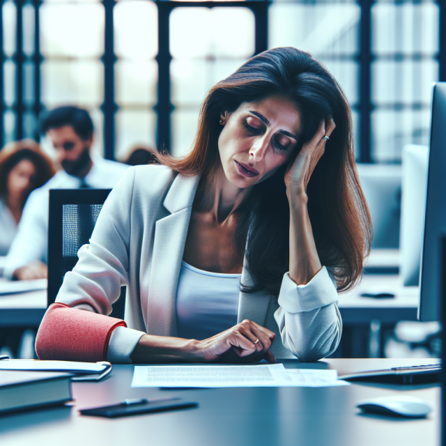 Woman Managing Chronic Pain While Working A woman at work experiencing chronic pain, showing signs of discomfort while managing her job responsibilities.