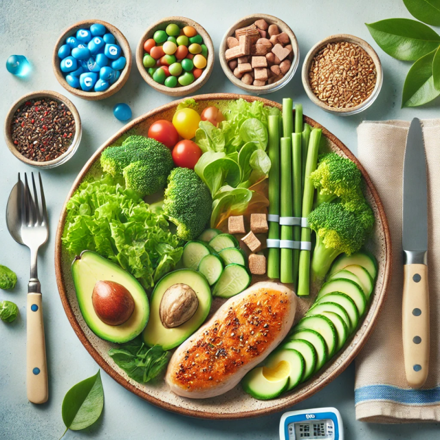Low carb diet meal for diabetes patients featuring healthy protein and vegetables.